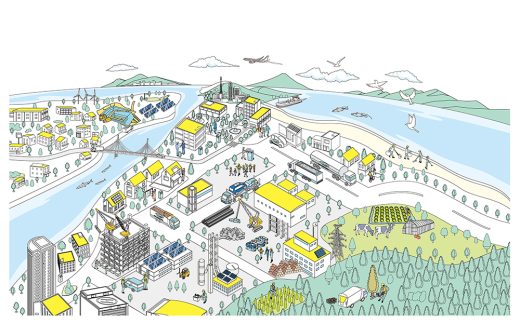 スマートシティインフラの概要、都市計画、交通、エネルギーグリッド、農業イラスト