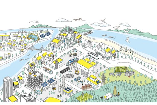 スマートシティインフラの概要、都市計画、交通、エネルギーグリッド、農業イラスト