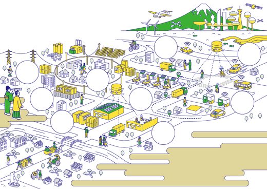 江戸と未来が融合したスマートシティのアイソメトリック俯瞰図。再生可能エネルギーとデジタルネットワークが巡る街並み