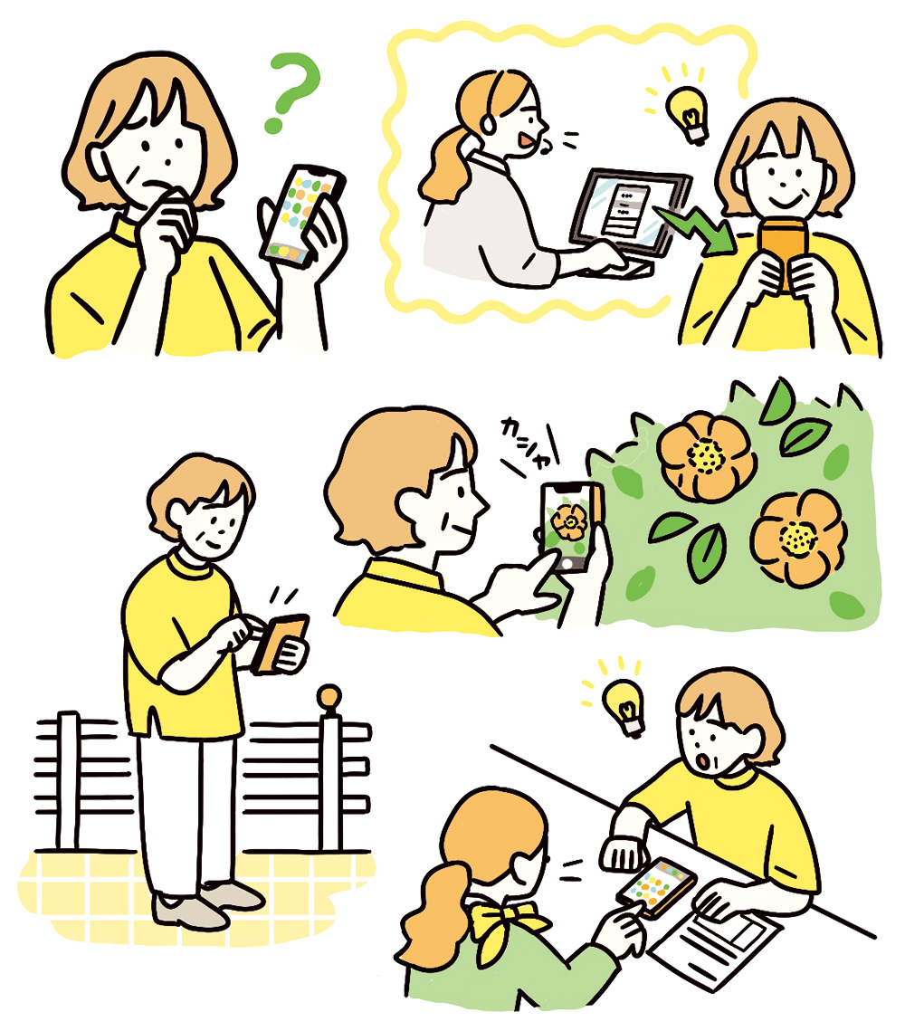 スマートフォンの使い方を示すかわいい40代50代女性のイラスト