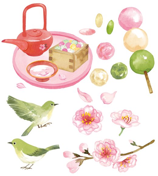 日本のお茶菓子、春の鳥、桜、お花見菓子イラスト