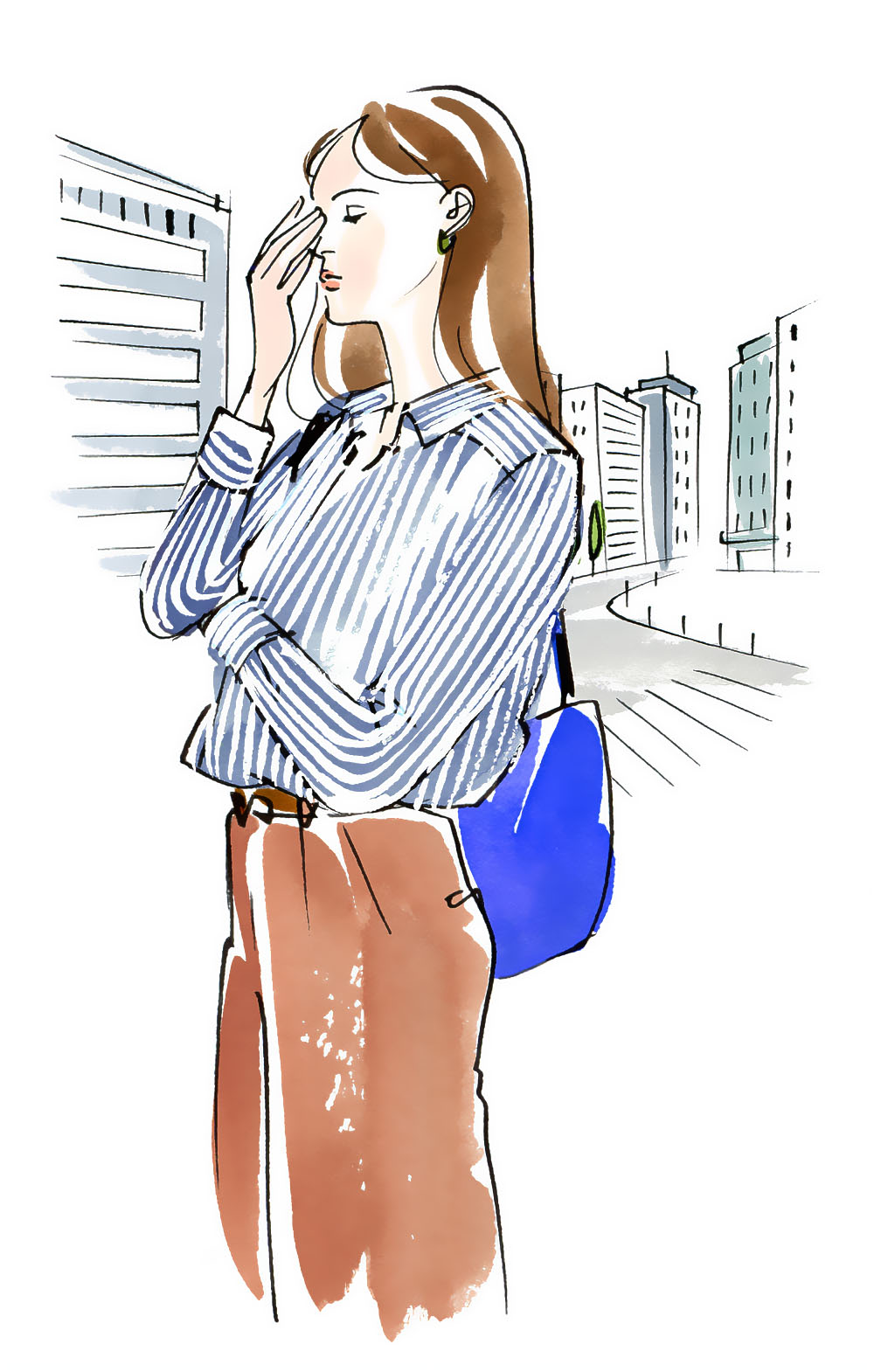 都市でストレスを感じている女性のイラスト。