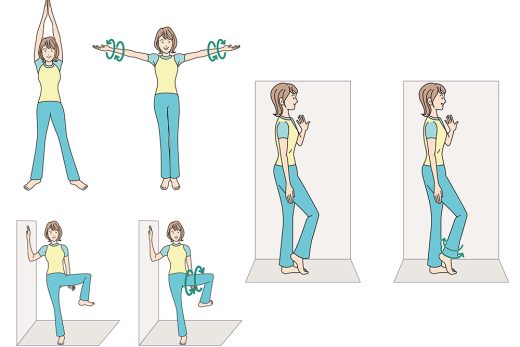 壁を使った女性のストレッチと筋トレ動作図解