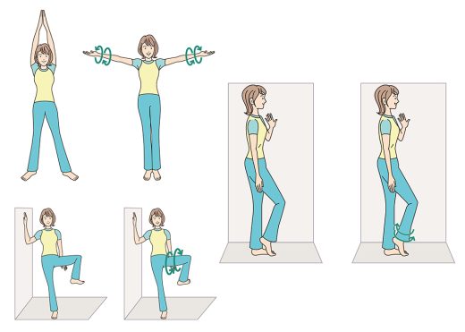 壁を使った女性のストレッチと筋トレ動作図解