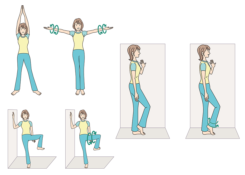 壁を使った女性のストレッチと筋トレ動作図解