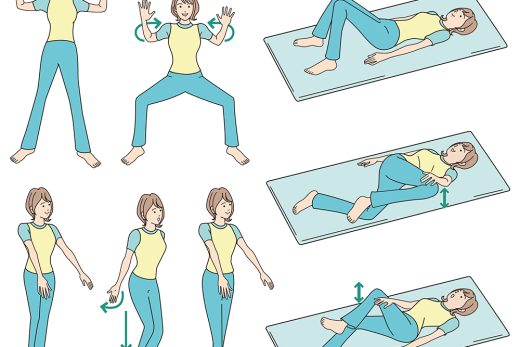 ストレッチルーティン、立っている女性、横たわっている女性のイラスト