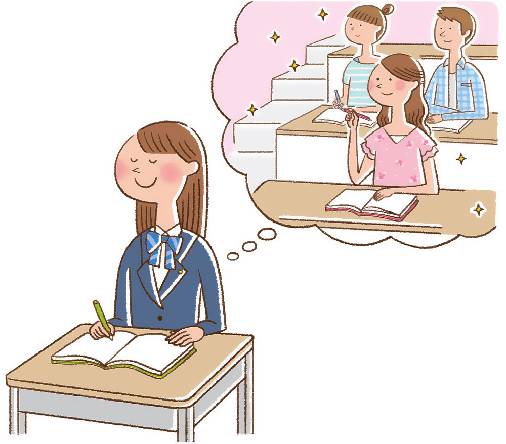 勉強する女子学生が大学生活を夢見るイラスト