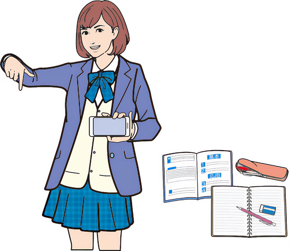 勉強する女子高生、女子中学生と勉強道具のイラスト