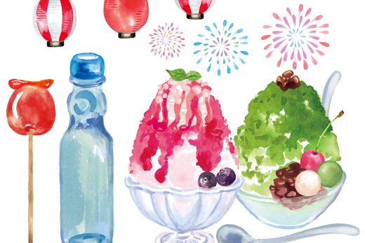 夏祭り、かき氷、ラムネ、提灯、団扇、花火イラスト