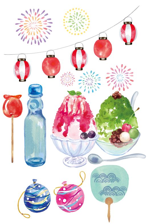 夏祭り、かき氷、ラムネ、提灯、団扇、花火イラスト