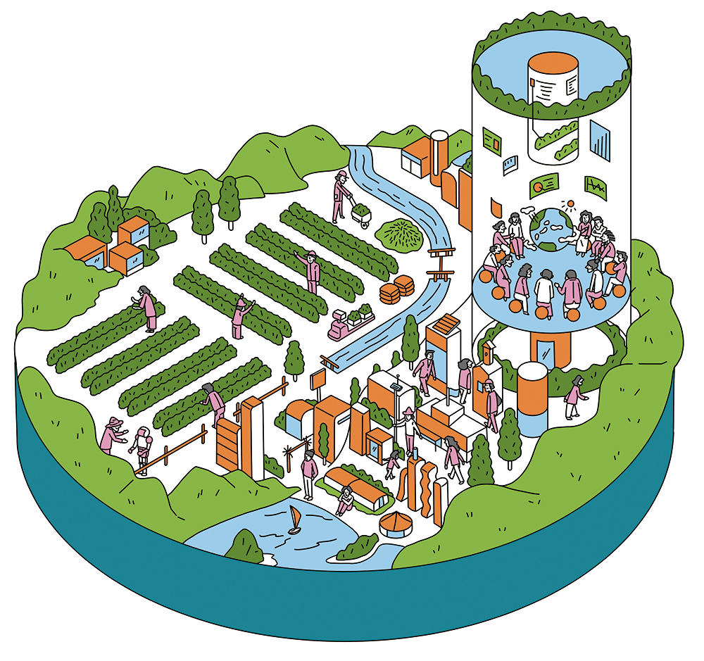 sustainable farming community with garden, school, and river