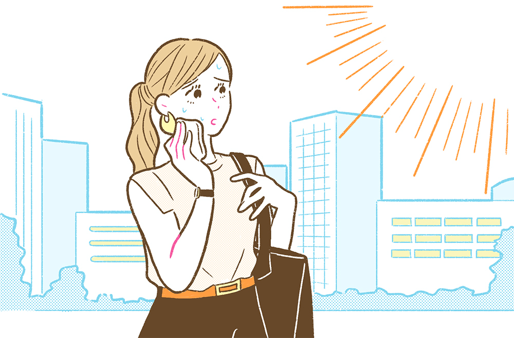 日差しの下で汗を拭く女性のイラスト