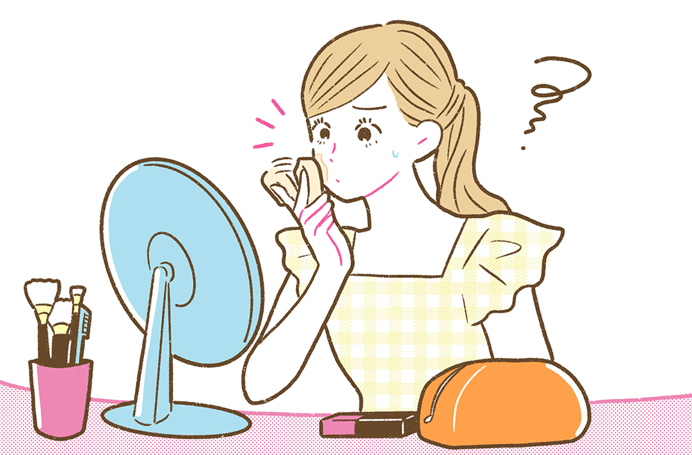 鏡の前で厚塗りを気にする女性のイラスト