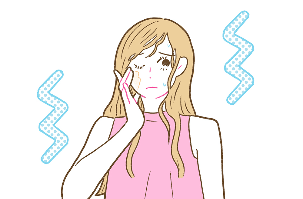 不快そうに顔の汗を拭く女性のイラスト