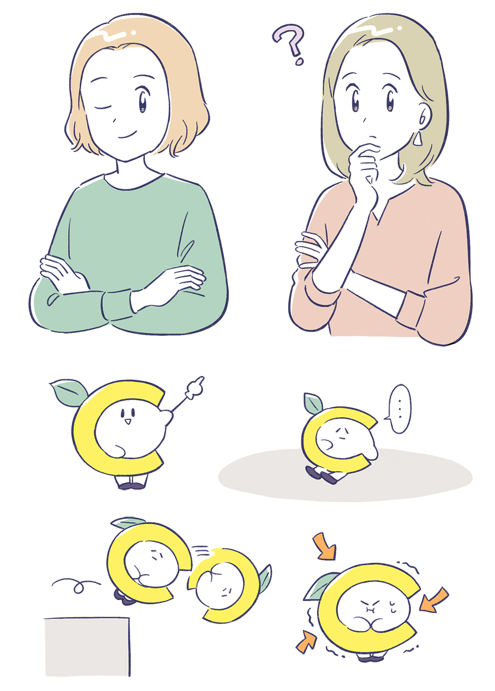考える女性とビタミンCのキャラクターの感情表現カット集