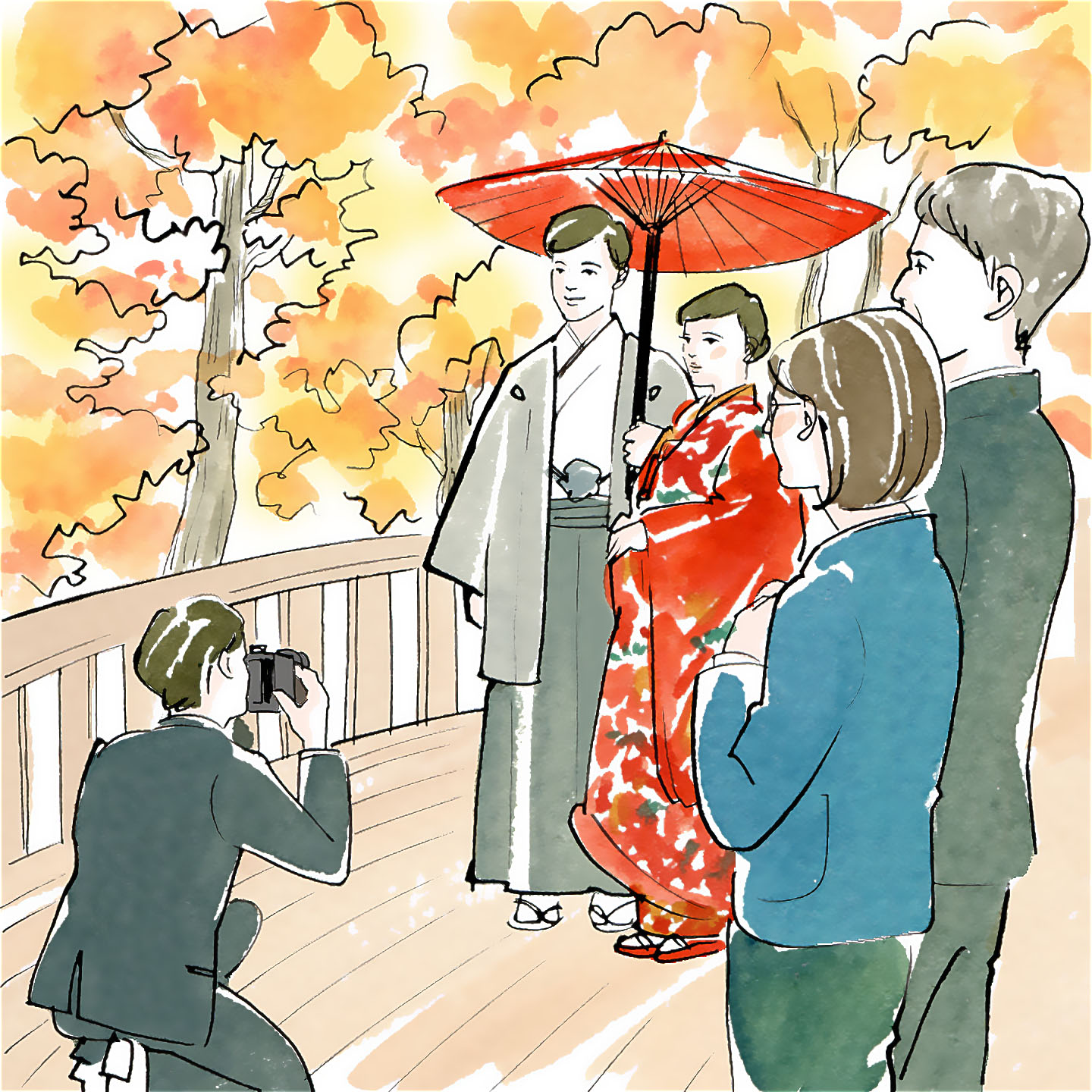 和装の新郎新婦が紅葉の中で写真撮影をしているシーンのイラスト