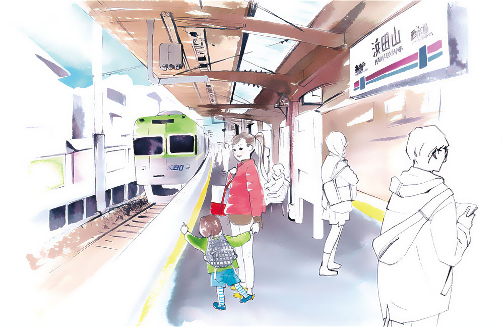 駅のホームで電車を待つ母親と子供を描いた水彩イラスト