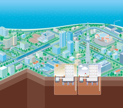 smart city, geothermal system, building cross-section, infrastructure, energy