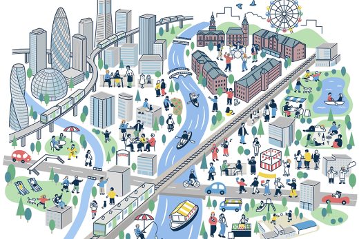 都会の街並み, 俯瞰図, ライフスタイル, 電車, 船, 公園, 群衆, 多様なアクティビティ