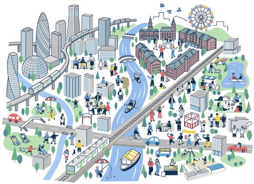 都会の街並み, 俯瞰図, ライフスタイル, 電車, 船, 公園, 群衆, 多様なアクティビティ