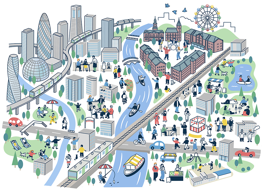 都会の街並み, 俯瞰図, ライフスタイル, 電車, 船, 公園, 群衆, 多様なアクティビティ