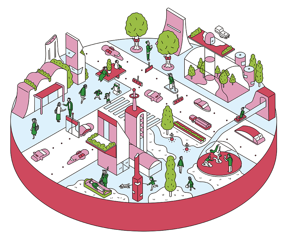 smart city concept with autonomous cars, public spaces, and green zones