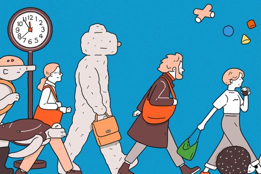 個性的な人々が横一列に歩くシーンの拡大