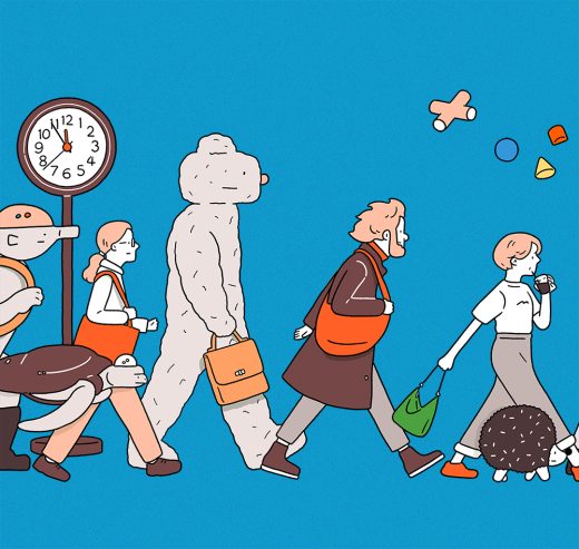 個性的な人々が横一列に歩くシーンの拡大