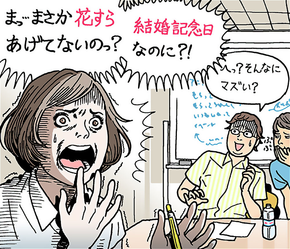 結婚記念日に花を贈らなかったことに驚く女性のコミカルなイラスト。