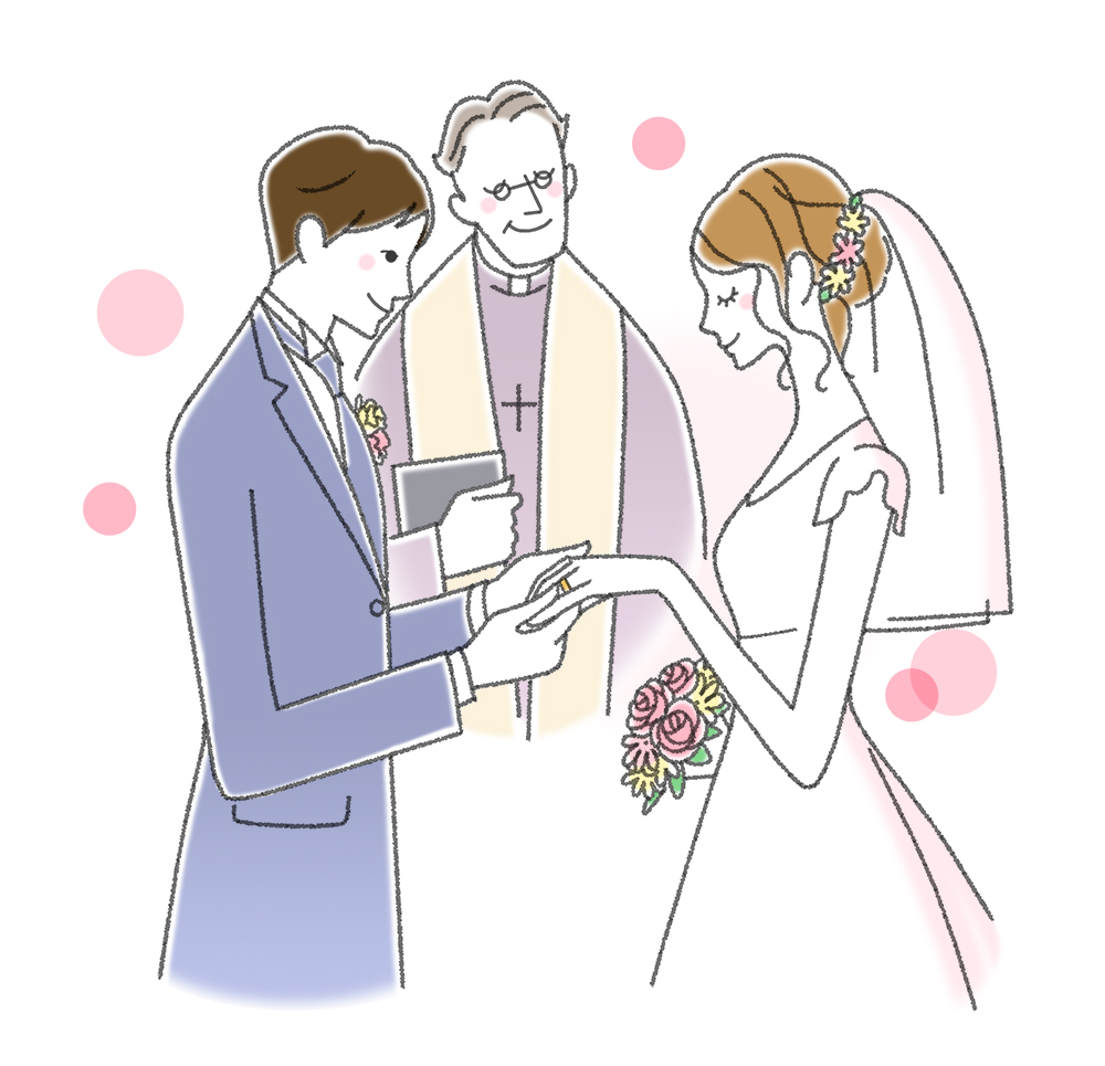 結婚式で指輪を交換する新郎新婦のイラスト