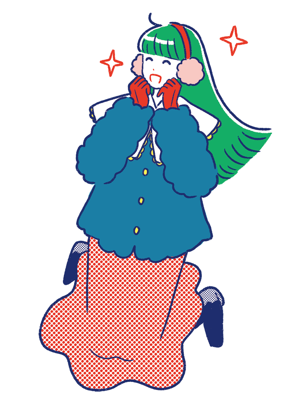 青いボアコートと赤い手袋、ピンクのイヤーマフを身につけたグリーンの長い髪の女性。頬に手を当てて目を輝かせ、嬉しそうに微笑んでいる冬の装いのレトロポップなイラスト。