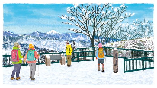 雪山の展望台で富士山を眺めるハイカーのイラスト、冬の登山、雪景色