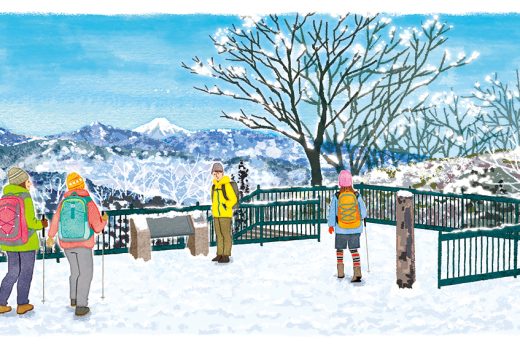 雪山の展望台で富士山を眺めるハイカーのイラスト、冬の登山、雪景色