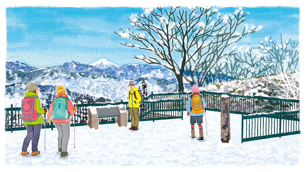 雪山の展望台で富士山を眺めるハイカーのイラスト、冬の登山、雪景色