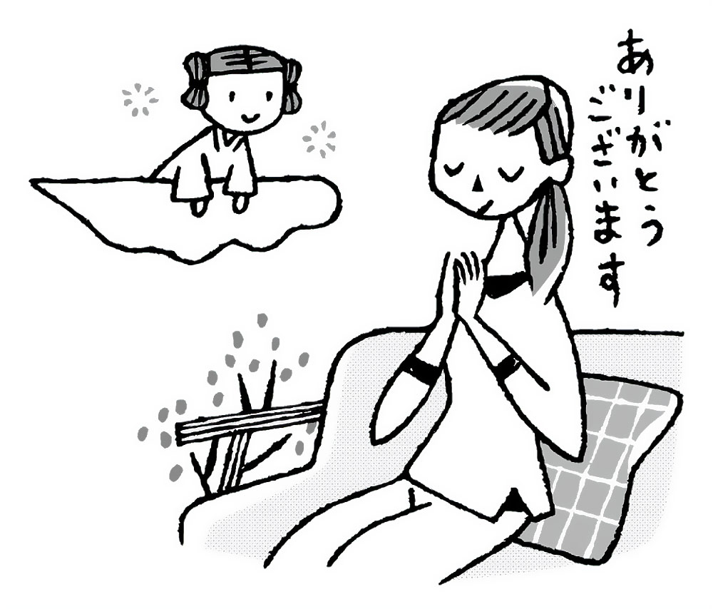 瞑想しながら感謝の気持ちを表す可愛い女性のモノクロイラスト