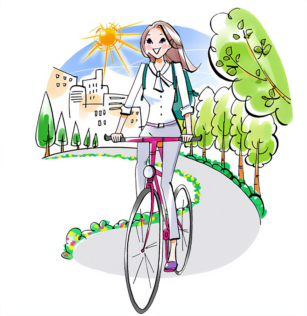 公園で自転車に乗る女性のイラスト