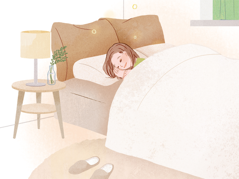 ベッドで穏やかに眠るかわいい女性のイラスト