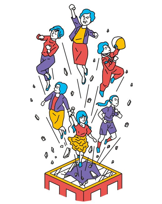 女性たちがガラスの天井を破って飛び出すイラスト
