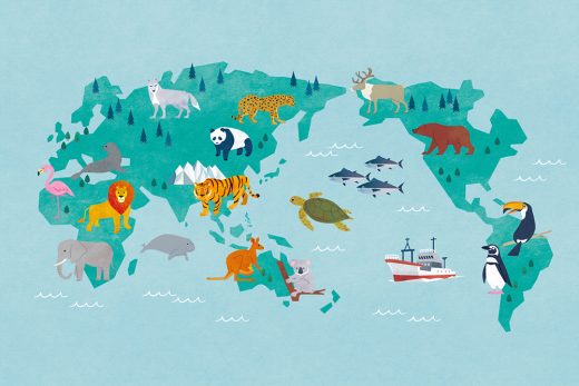 世界地図と各大陸の動物イラスト