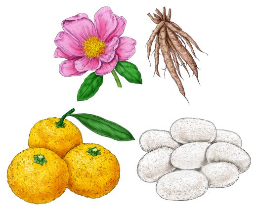 yuzu, peony, kudzu root, silk cocoons